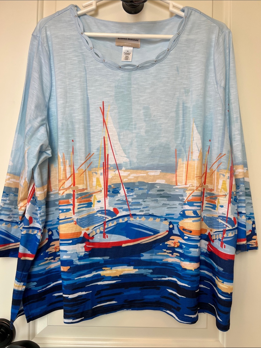 Alfred Dunner Light Blue Harbor Print sailboats Boat Top